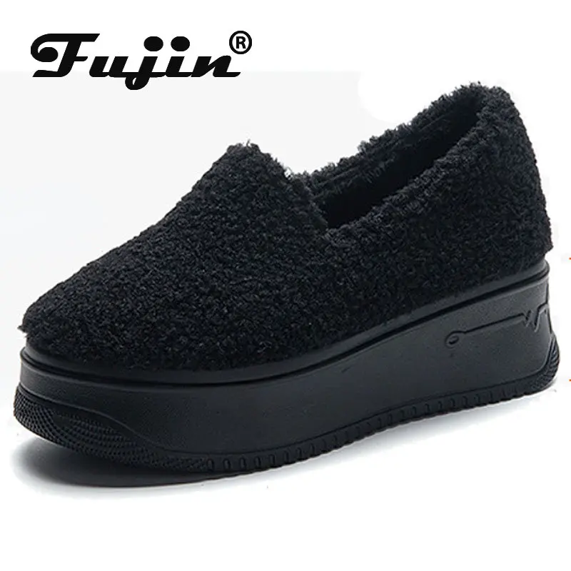 

Fujin 6cm Synthetic Women Spring Autumn Platform Wedge Slip on Sneaker Casual Plush Keep Warm Fashion Females Comfy Winter Shoes