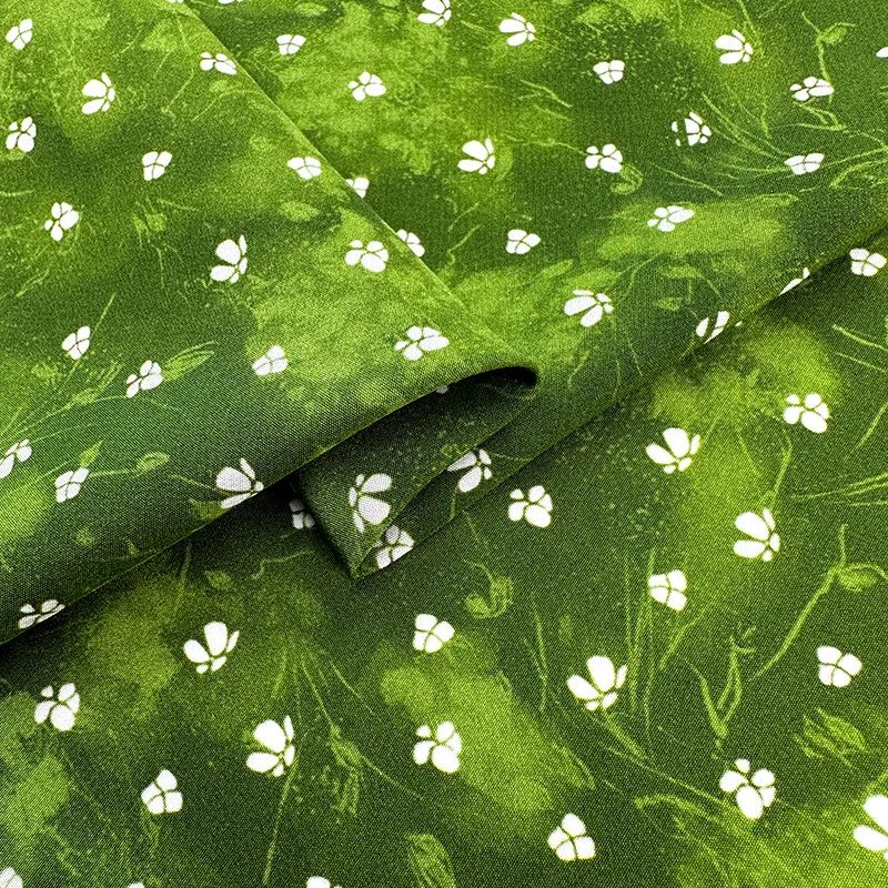 High Quality Green Small White Flower White Silk Heavy Crepe Silkworm Silk Fabric Clothing Shirt Dress High-End Fabric