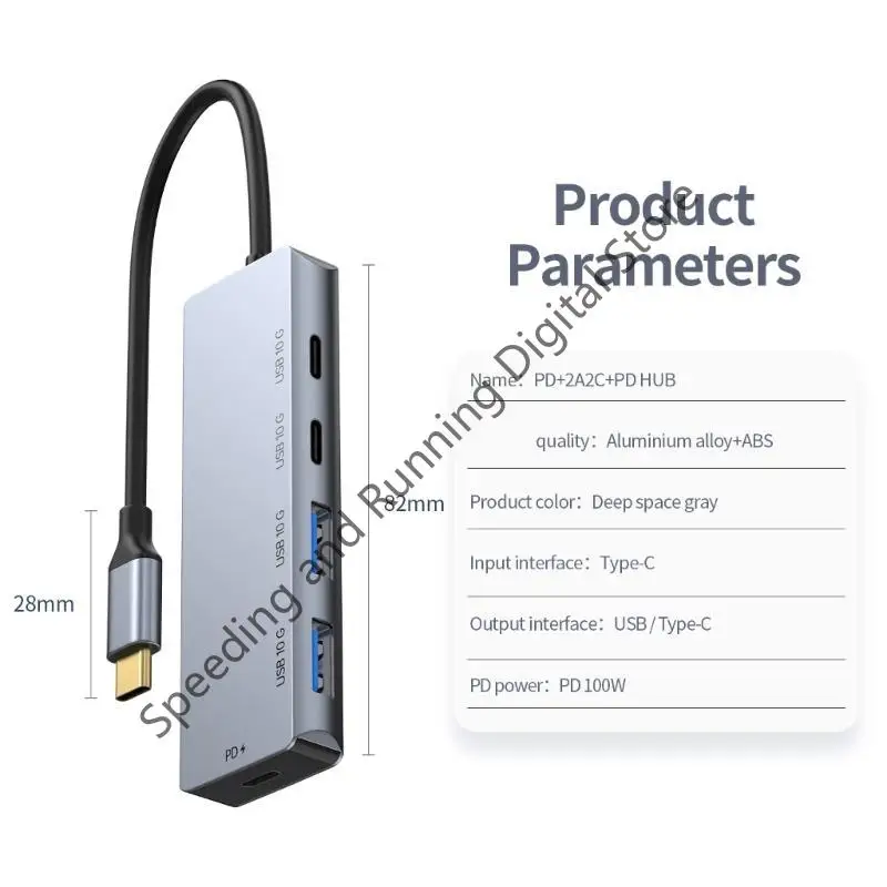 USB C Hub 10Gbps الألومنيوم 4-Port USB A USB-C 3.2 Gen 2 المحمولة USB C متعدد المنافذ محول PD100W شحن لأجهزة الكمبيوتر المحمول من النوع C