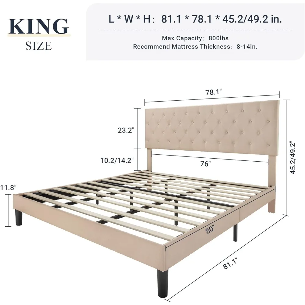 King Bed Frame with Adjustable Headboard/Diamond Stitched Button Tufted/Fabric Upholstered Platform Bed Frame/Wood Slat Support