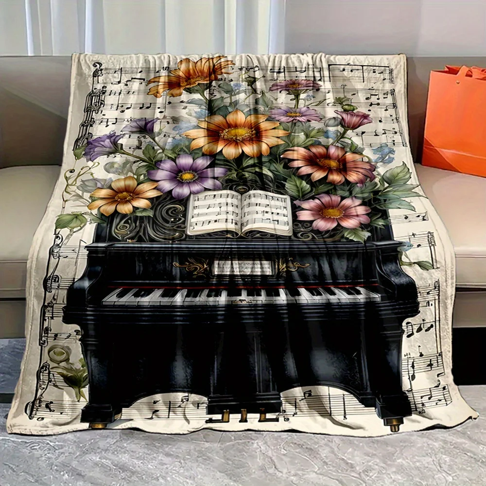 Rustic Country Music Piano and Floral Print Flannel Throw Blanket – All-Season Cozy Non-Woven Polyester Fabric with Digital Prin