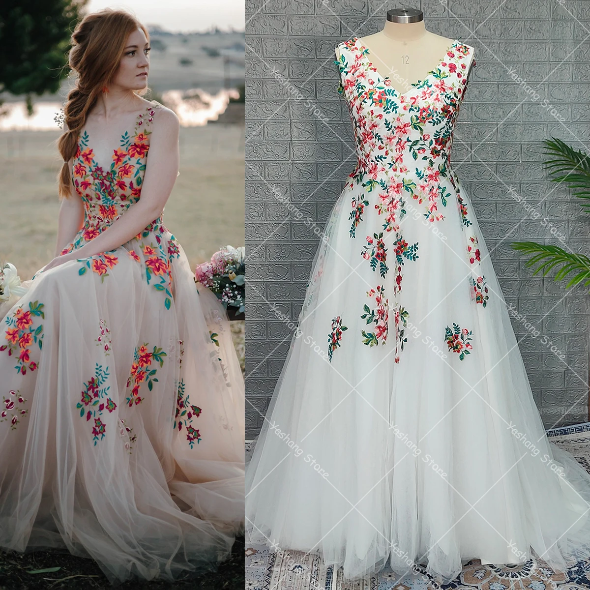 Sleeveless Garden Outdoor Wedding Dress Colorful Appliques Laceup Closure Deep V Neck Tulle Real Photos Customized Bridal Gowns