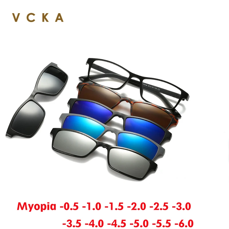 VCKA Small Square Myopia  Sunglasses Magnet Clips Men Women Polarized Glasses 6 In 1 Custom Prescription Drive Eyewear -0.5~-6.0