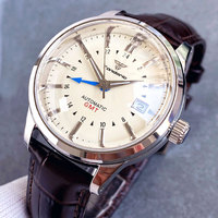 Tandorio Polish Steel Mechanical Men Watch NH34AA GMT Movt Dome Sapphire Glass Blue Gmt Hand Silver Markers Cream Nologo Dial