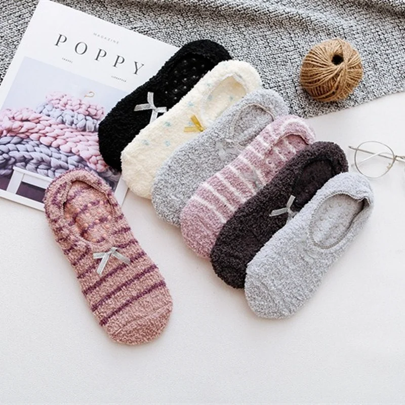 Fuzzy Cute Coral Fleece Socks Stripe with Bow Home Sleeping Warm Soft Anti-Skid Plush Slipper Socks Fluffy Microfiber Thick Gift