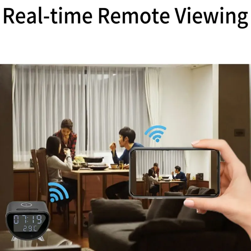 4K HD Wireless Charging Camera Mini WiFi Motion Detection Alarm Clock Cameras Remote Viewing Display Temperature APP Control
