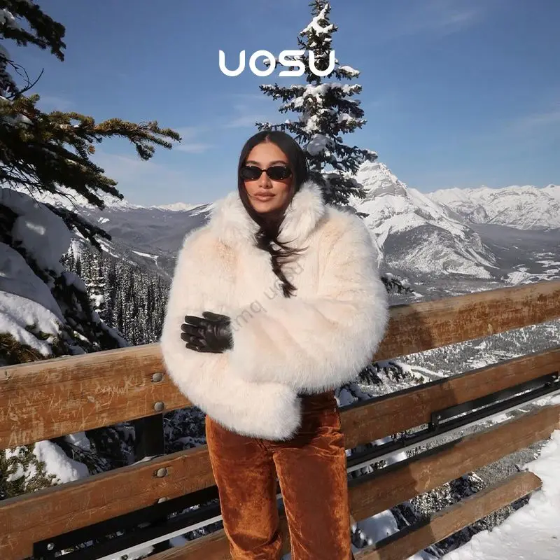 Iconic Fashion White Fox Faux Fur Jacket Women Crop Shaggy Winter Coat in Trend Luxury Brand Exclusive Premium Cozy Outfit