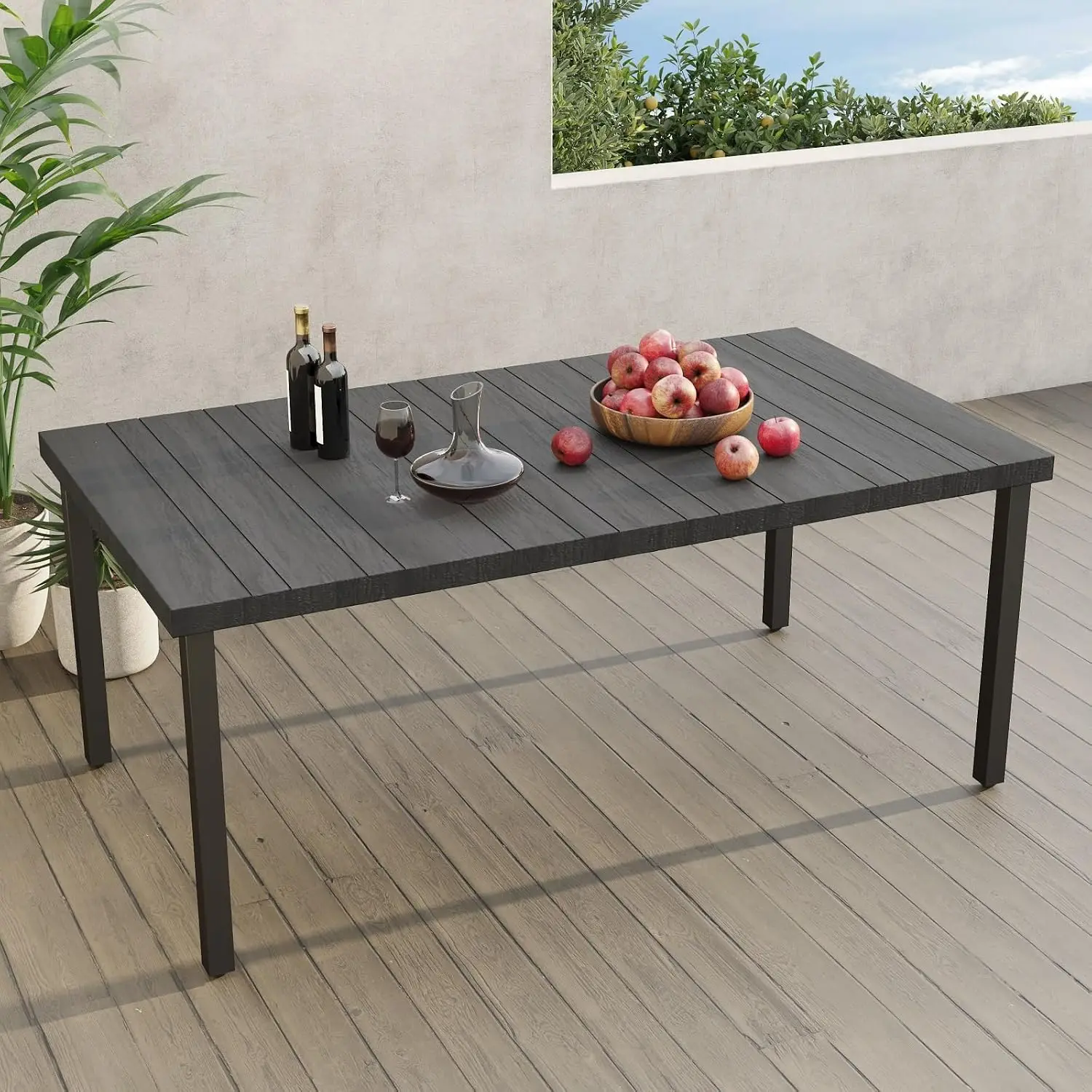 Outdoor Dining Table 71.5 X 39 Rectangular Patio Table Embossed Woodgrain 1.5 Market Umbrella Hole Garden Lawn Backyard Black