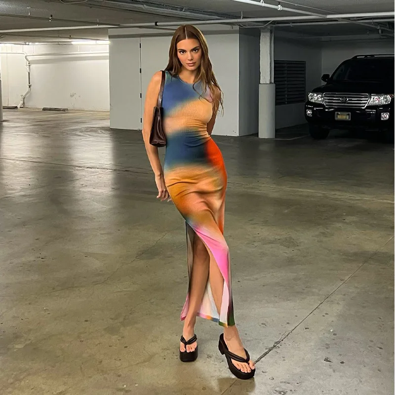 2023 Women Tie Dye Kendall Same Style Sleeveless Bodycon Maxi Dress Streetwear Vacation Summer Y2K Side Slit Dresses Outfit