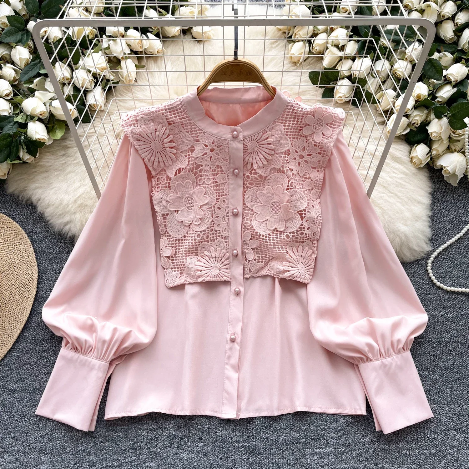 Vintage O-Neck Basics Long Lantern Sleeve Basics Single Breasted Chic Hollow Out Lace Top Office Women High Street Autumn Blouse