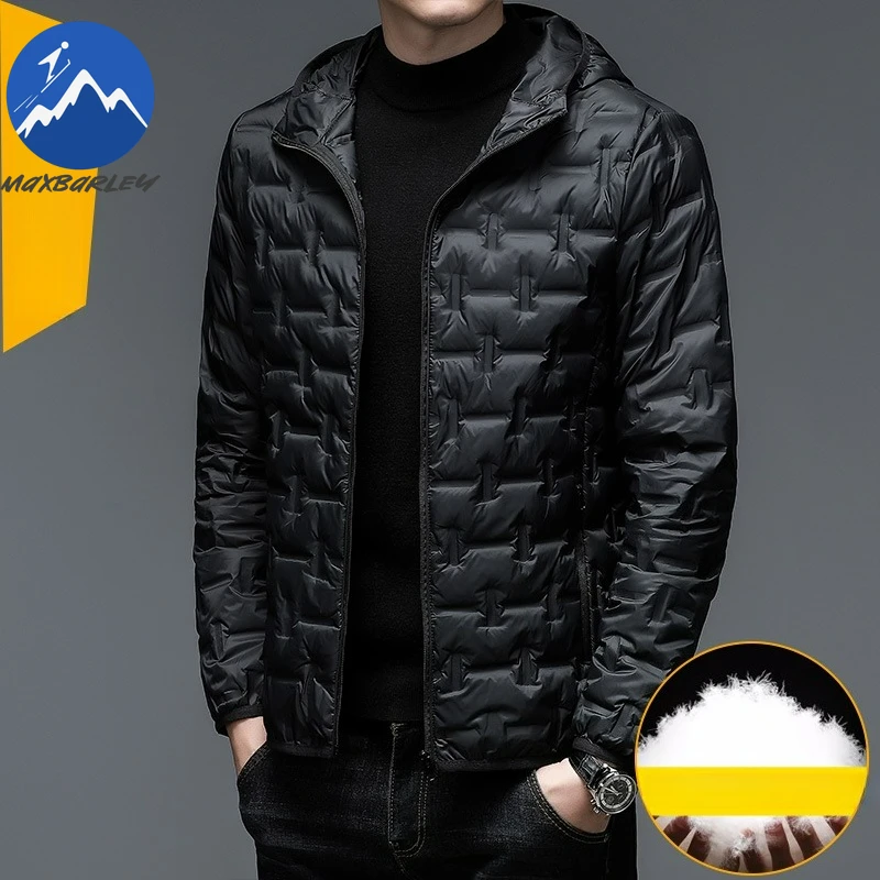 Maxbarley Winter Men Down Jacket Classic Hooded 90% White Duck Down Warm Windproof Coat Fashion Commute Office Lightweight Parka