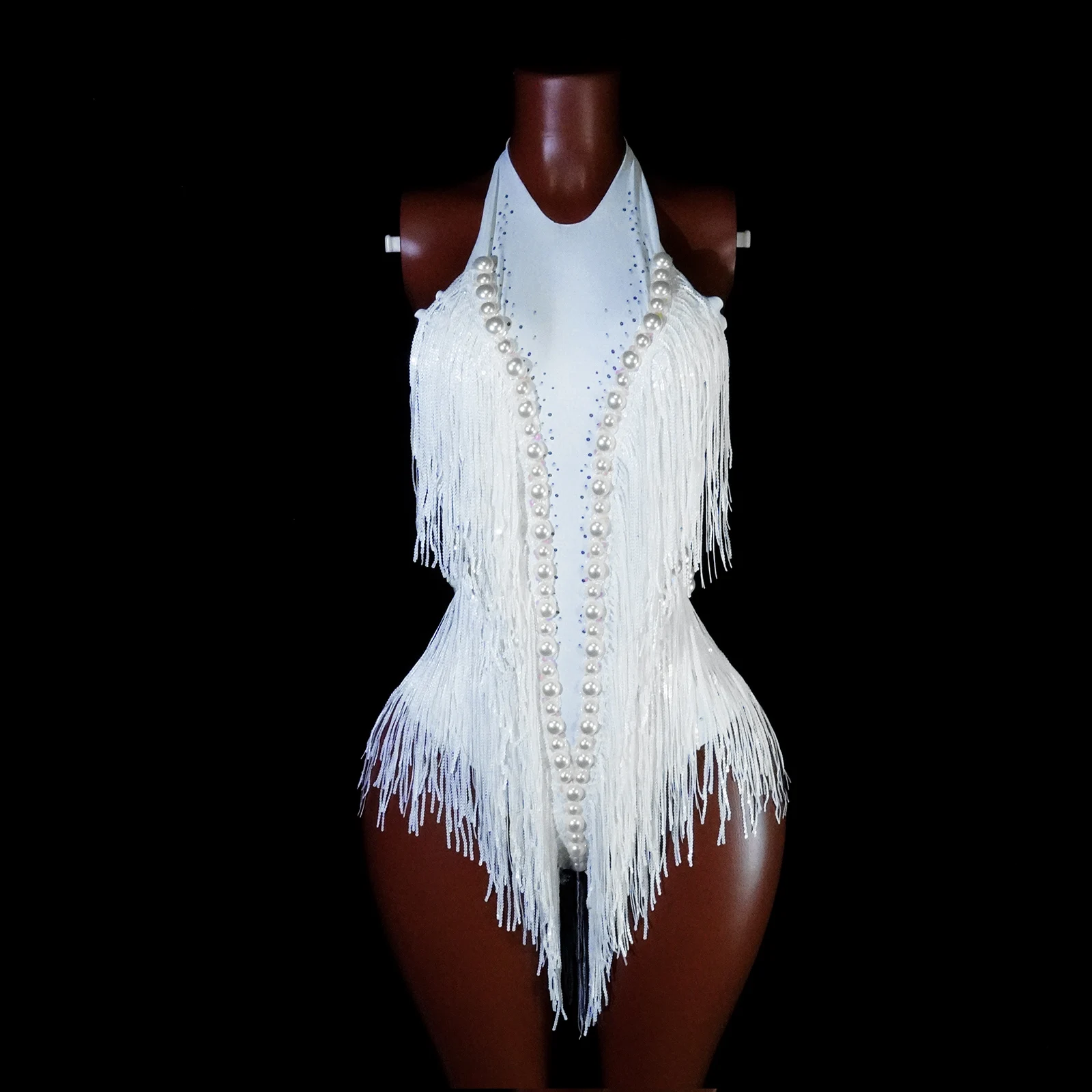 Sexy Sparkling Rhinestones White Round Neck Bodysuit Sequin Fringe Leotard Singer Dancer Stage Wear Performance Nightclub Outfit