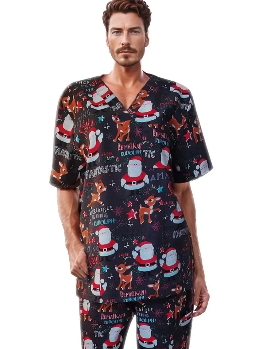 

Hennar мужские медицинские скраб-топы с рождественским принтом, праздничная скраб-униформа, пасхальная медицинская униформа из 100% хлопка