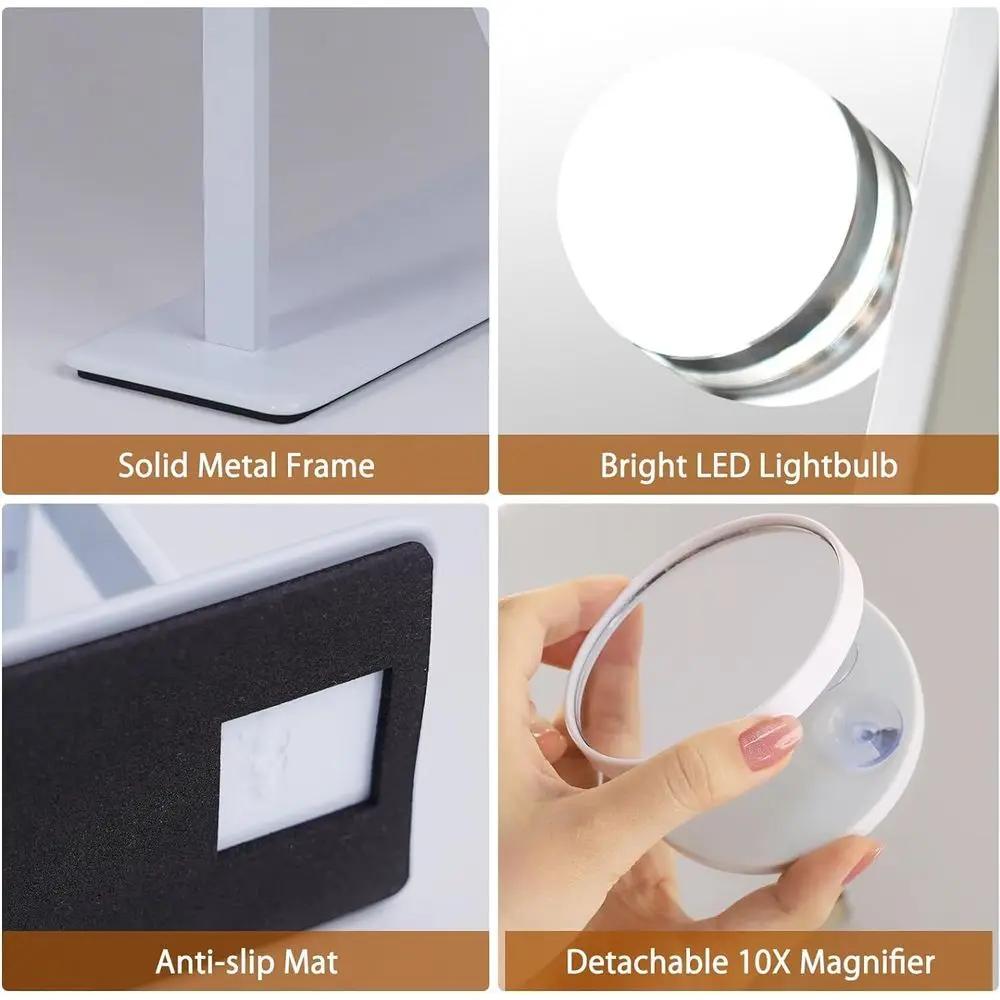 مرآة زينة مضيئة مع 360 درجة ° دوران، تكبير 10X، تحكم باللمس، 3 ألوان LED، قابل للفصل، أبيض #6