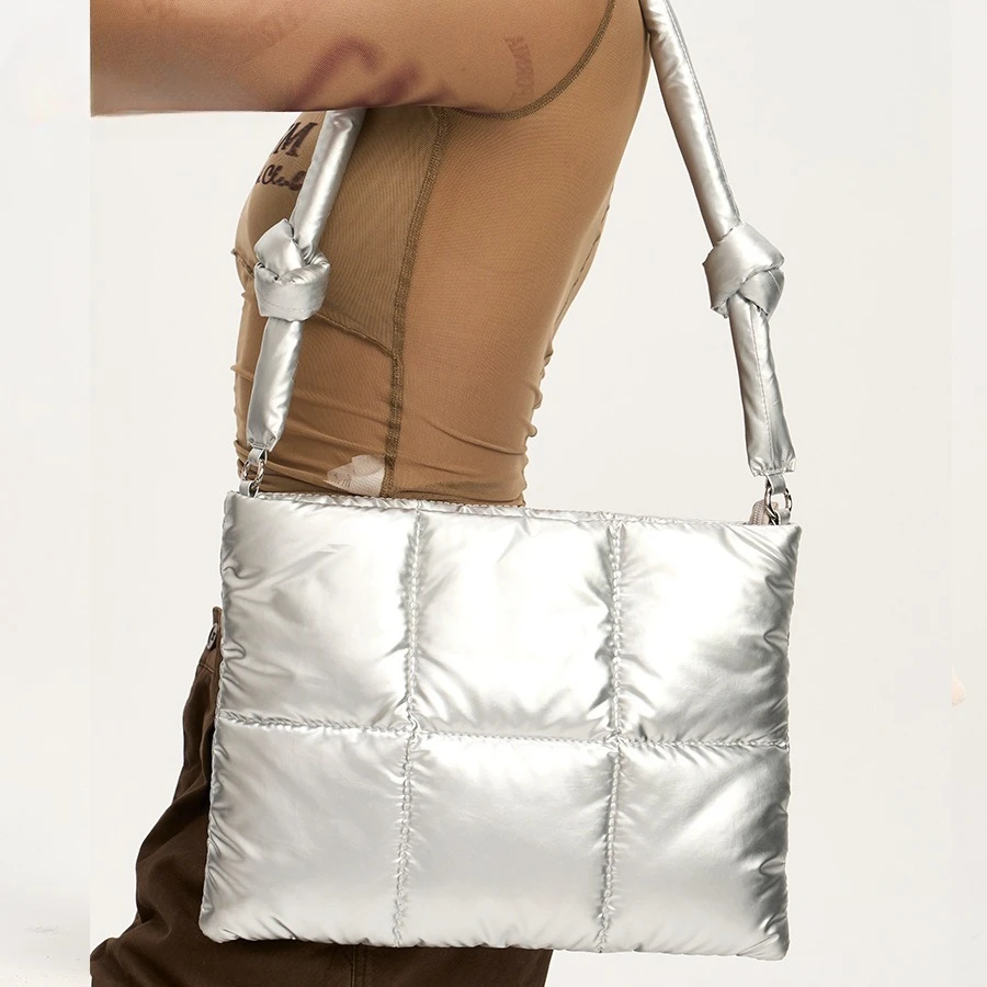

Designer Puffy Shoulder Bags Women Quilted Space Cotton Down Feather Padded Large Capacity Handbags Winter Shopping Tote Purse