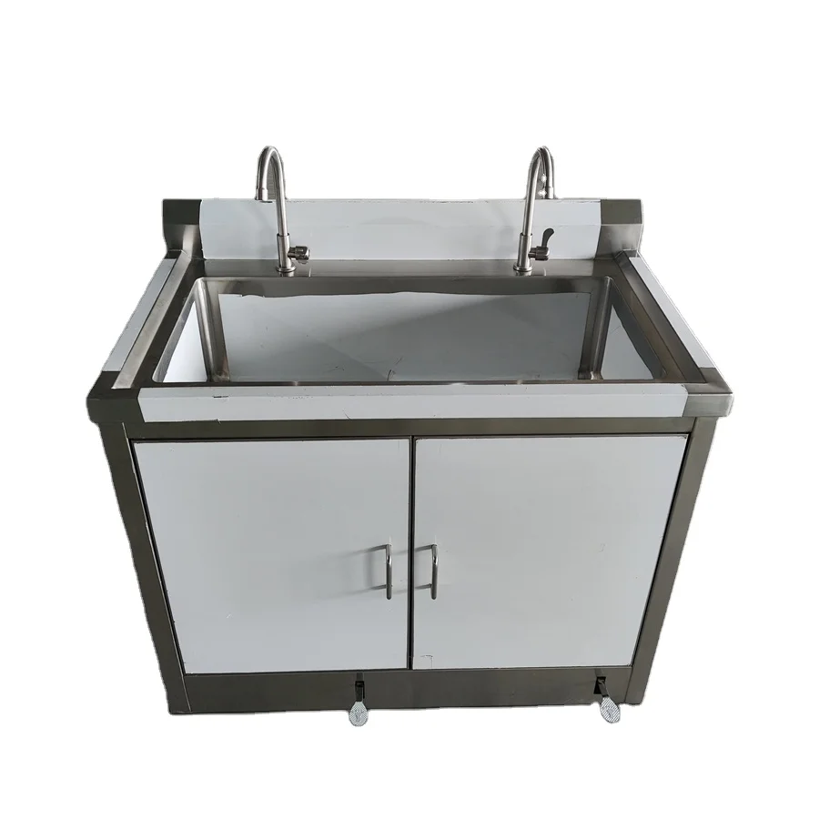 Hospital 316 or 304 stainless steel foot pedal faucet single bowl two people use wash basin with cabinet