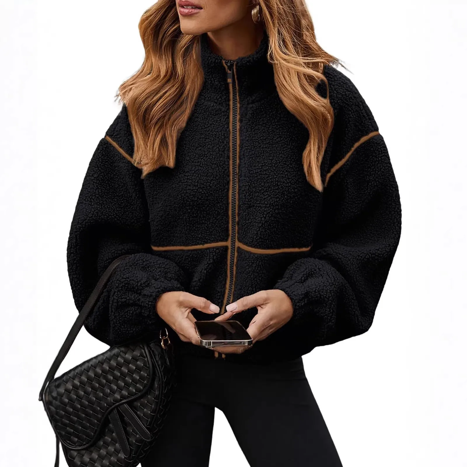 Women's Winter Female Clothing Medium Weight Casual Stand Collar Long Sleeve Zipper Solid Color Loose Fit Regular Length Jacket