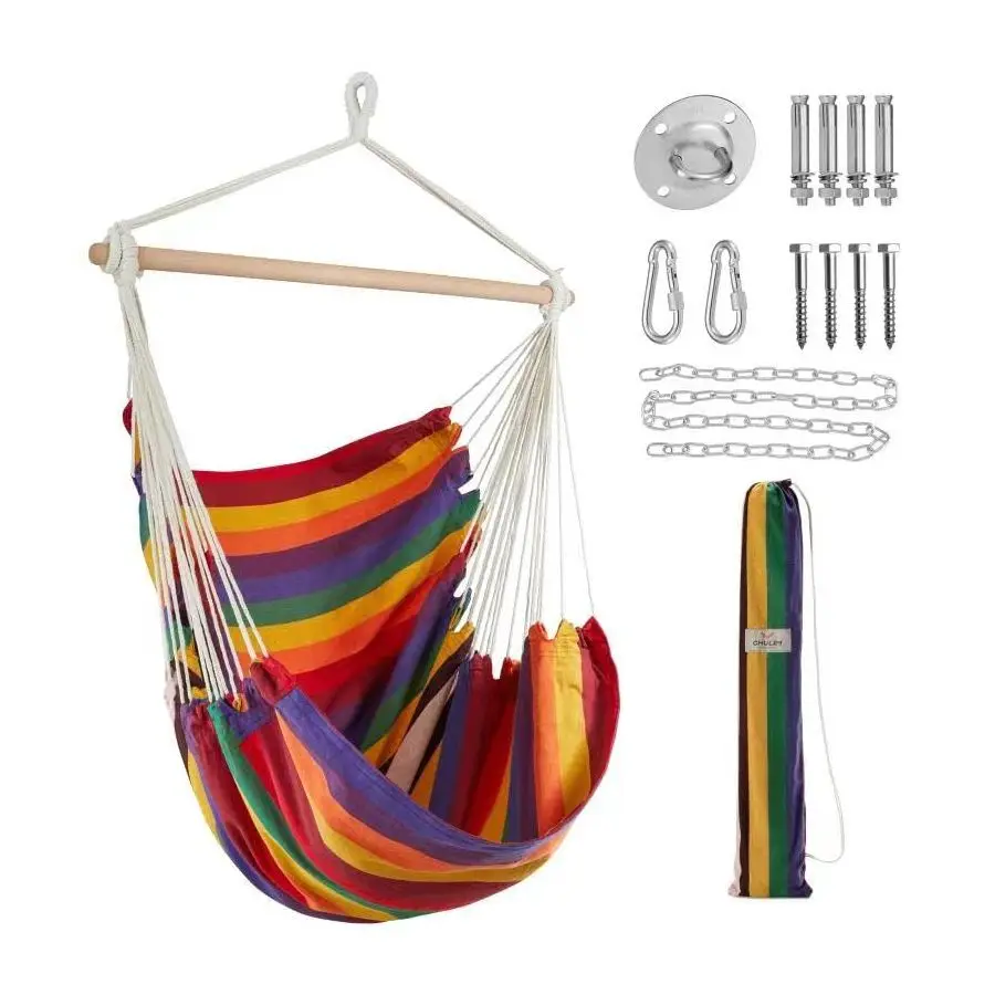 

Подвесное кресло-качели из хлопкового плетеного полотна с комплектом креплений, до 150 кг, XL, для дома и улицы, для патио и двора, с красными полосами