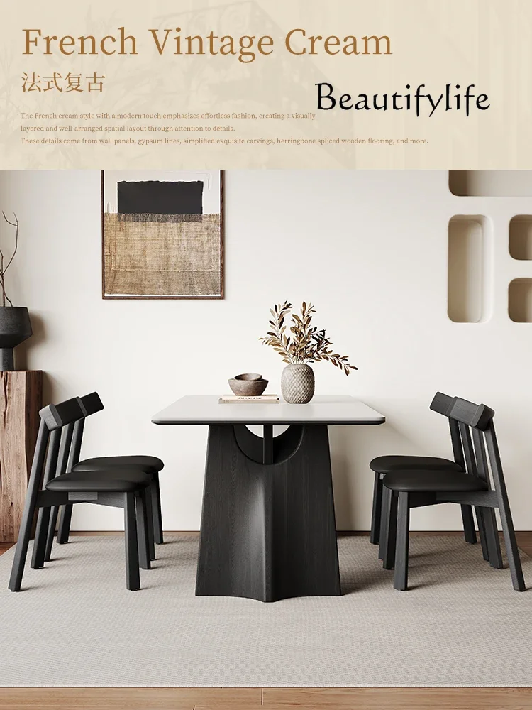 35 N Retro black solid wood dining table, simple rectangular matte white rock slab dining table