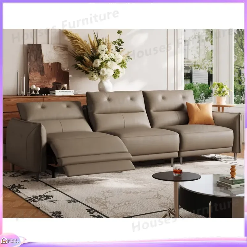 Italian Minimalist Recliner Sofa 4 Seater Brown Living Room Furniture One Touch Flat Lay Modern Power Motion Couch