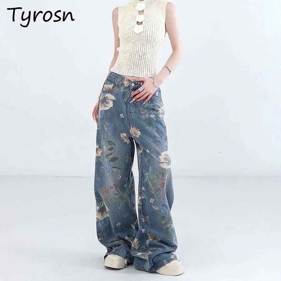 

Jeans Women Print Floral Wide-leg Washed Design New Summer Straight High Waist Floor-length Trousers Trendy Aesthetic Street