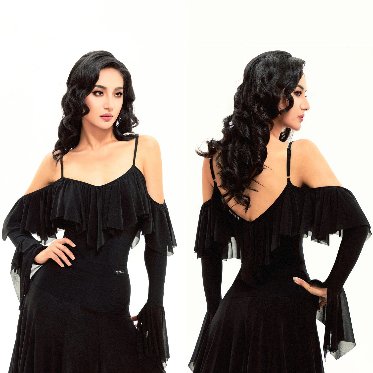 

Waltz Ballroom Dance Clothes Women Long Sleeves Ruffled Tops Swing Mesh Skirt Latin Salsa Performance Competition Dress DNV24740
