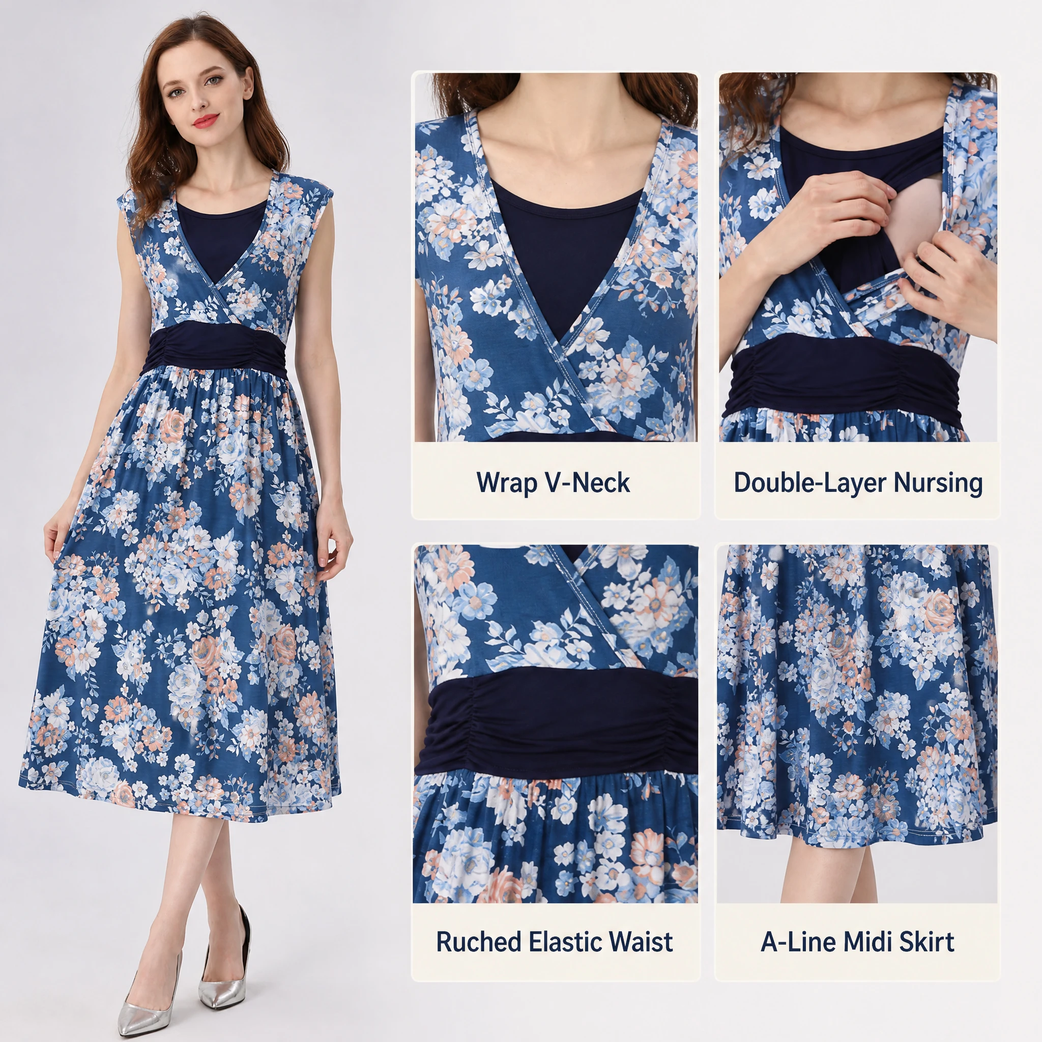Maternity Nursing Mid Dress Sleeveless Floral Print Wrap V Neck Hidden Double Layer Breastfeeding Opening A-Line Pregnancy Dress
