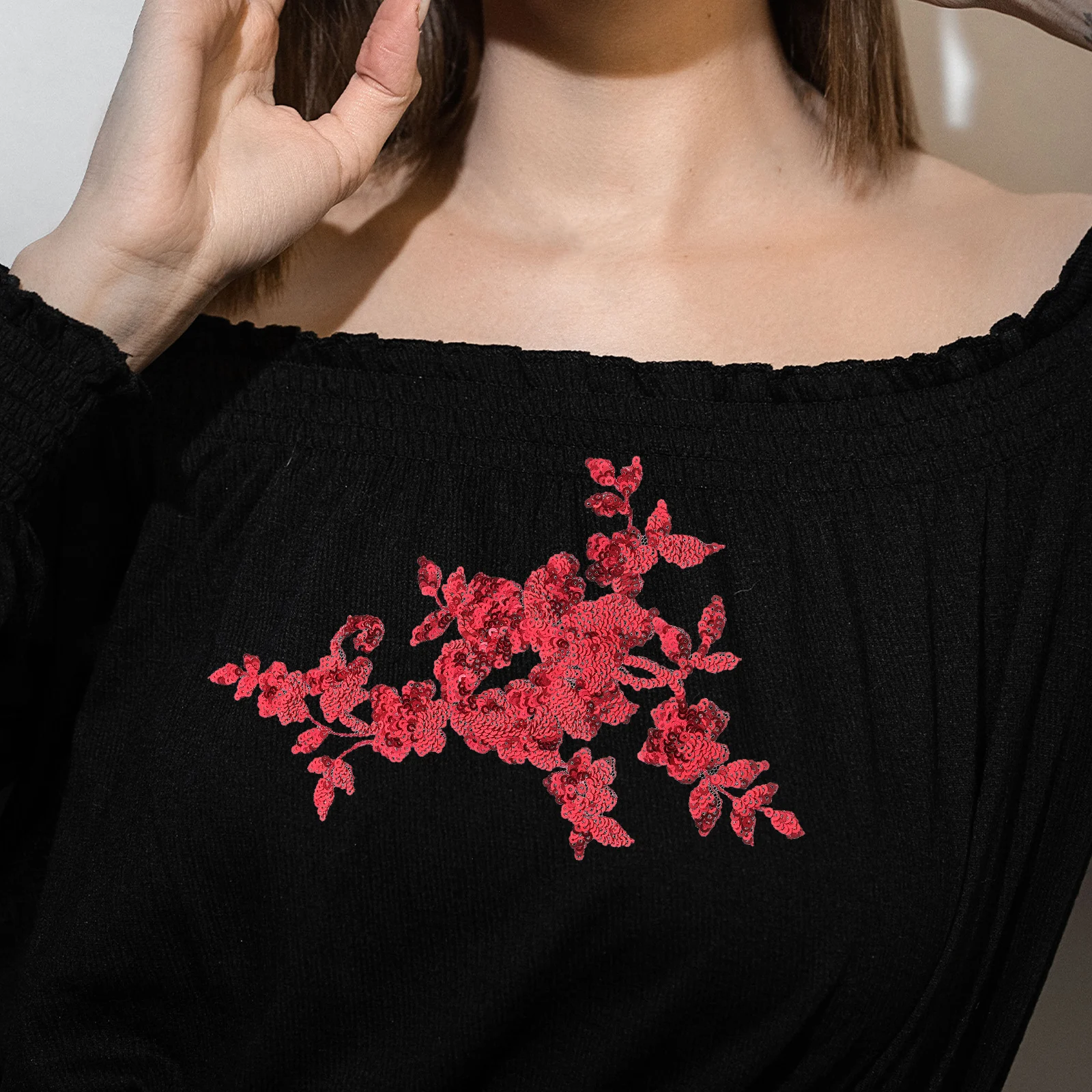 

Embroidered Lace Floral Patches Iron On Stickers Polyester Decorative Applique Sequins Flowers Patch Sewing DIY Accessories