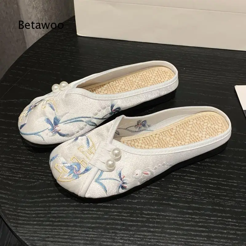 Women Ethnic Style Closed Toe Slippers Retro Hanfu Embroidery Flat Shoes Comfortable Summer Daily Commuter Wear