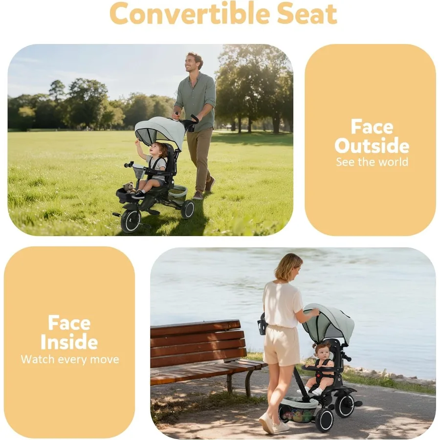 折りたたみ三輪車 8 in 1 ベビー三輪車 取り外し可能で調整可能なキャノピー付き 親用ハンドル 5点式安全ハーネス 幼児用自転車 ストローラー