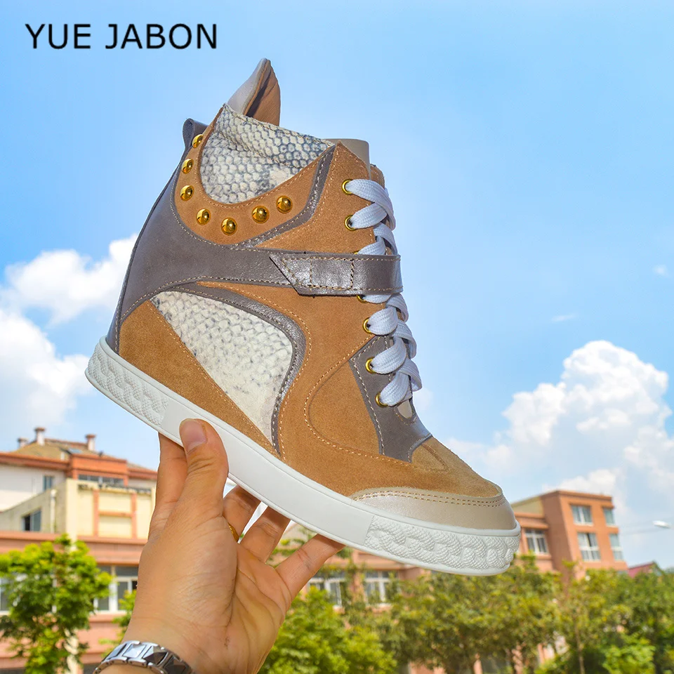 

New Ladies Yellow Patchwork Cow Suede Casual Shoes Round Toe Lace Up 8 CM Wedges Sneakers Women Height Increasing Ankle Boots