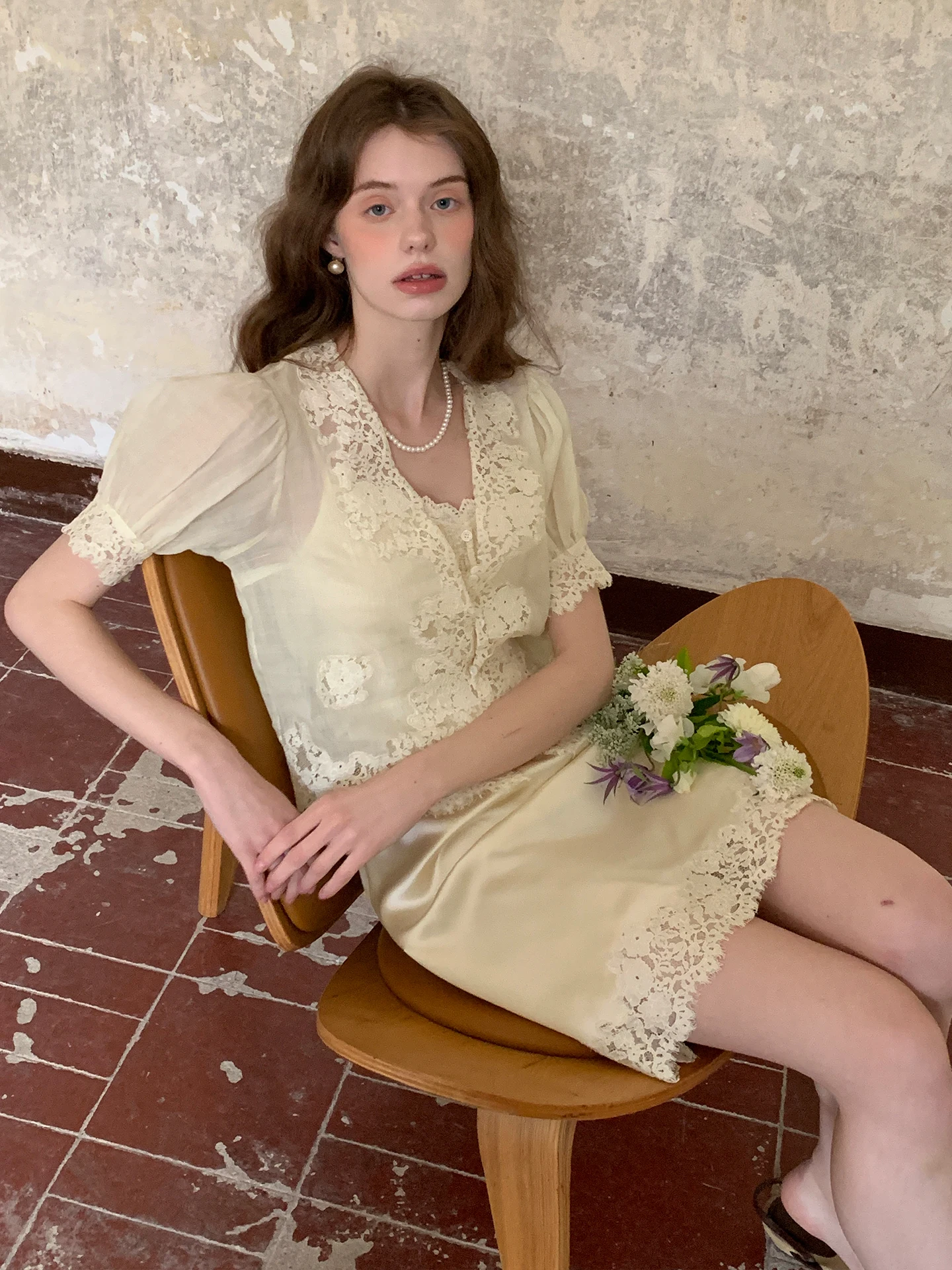 

New Lace Short Sleeve Open Cardigan Top Women's Spring Half Skirt Slimming Set Simple High Waist Straight Tube Breathable