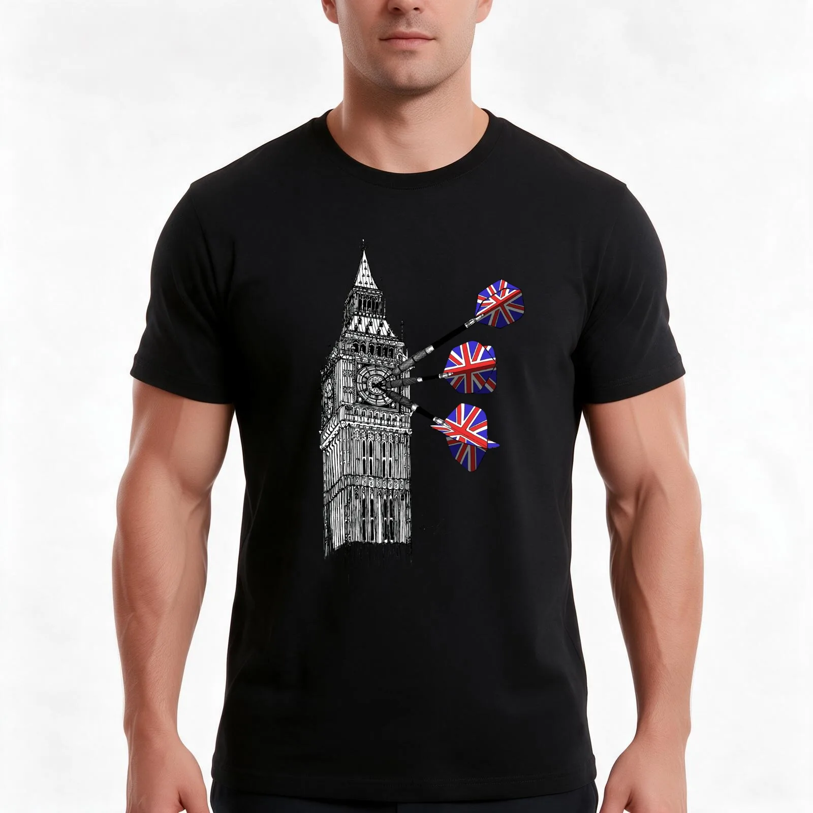 Big Ben Bullseye Dart Board T-Shirt, Summer Casual Cotton Tee, Oversized Streetwear Tops, Vintage Graphic Print, 100% Cotton