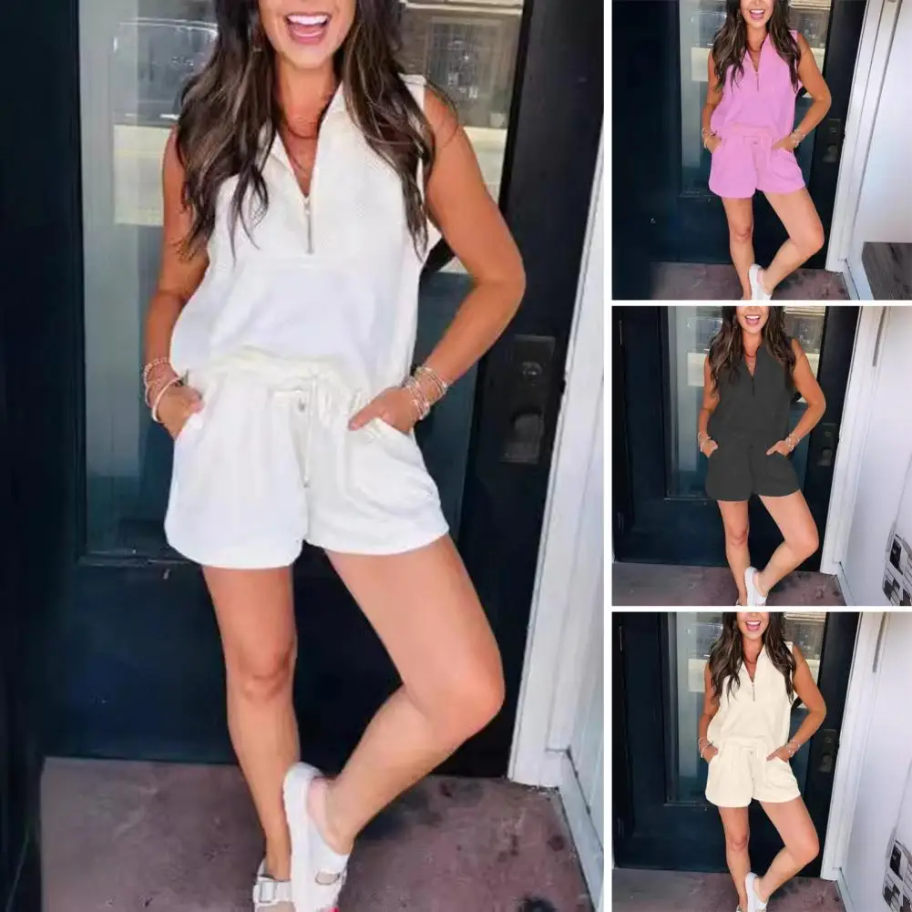 Women's Casual Solid Color Half Zip Short Sleeve Drawstring High Waist Shorts Sportswear Suit Shorts Set Casual Lounge Tracksuit
