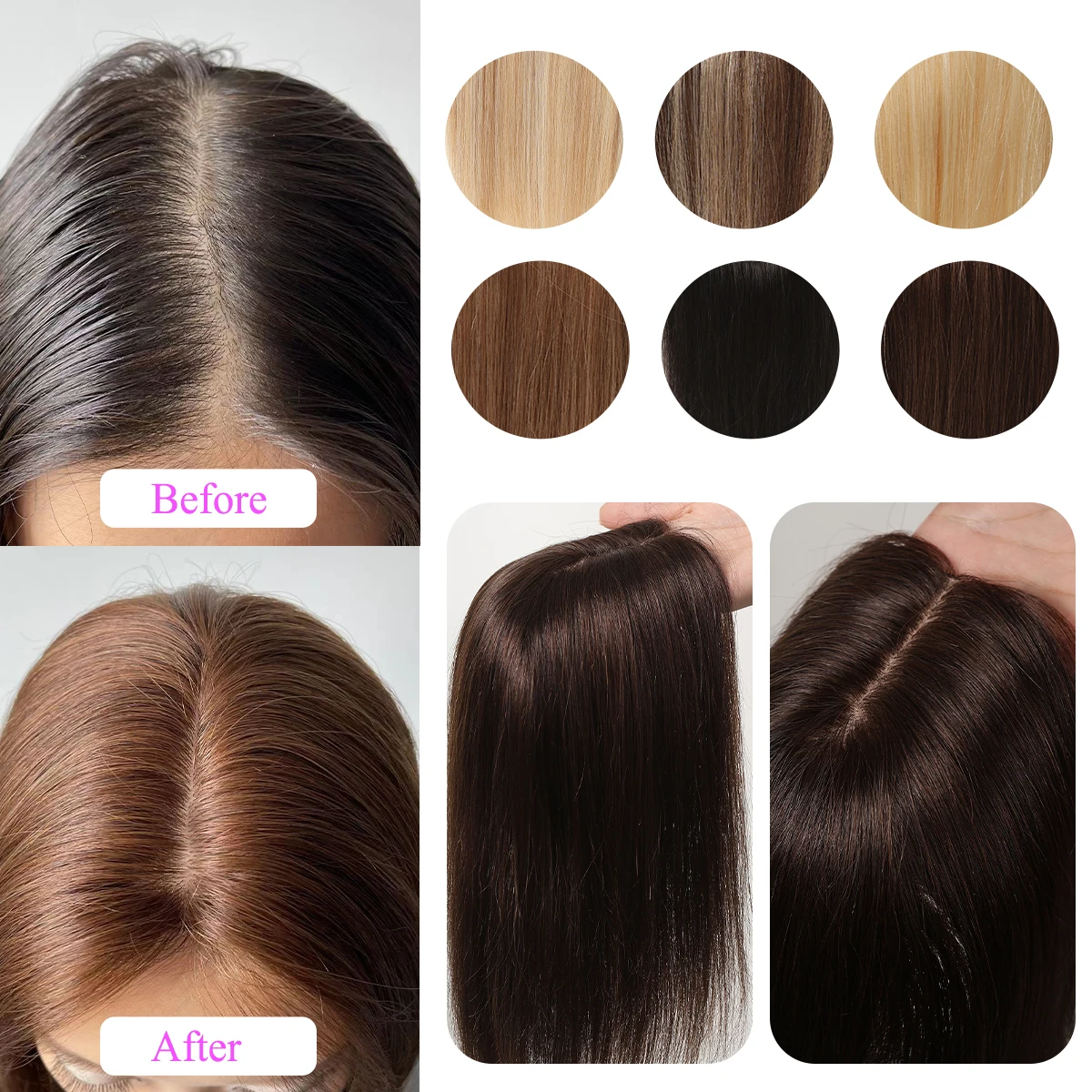 Toppers de cabelo humano remy para mulheres, marrom natural, preto, pedaços de cabelo da parte média, seda, 4 clipes, 100%