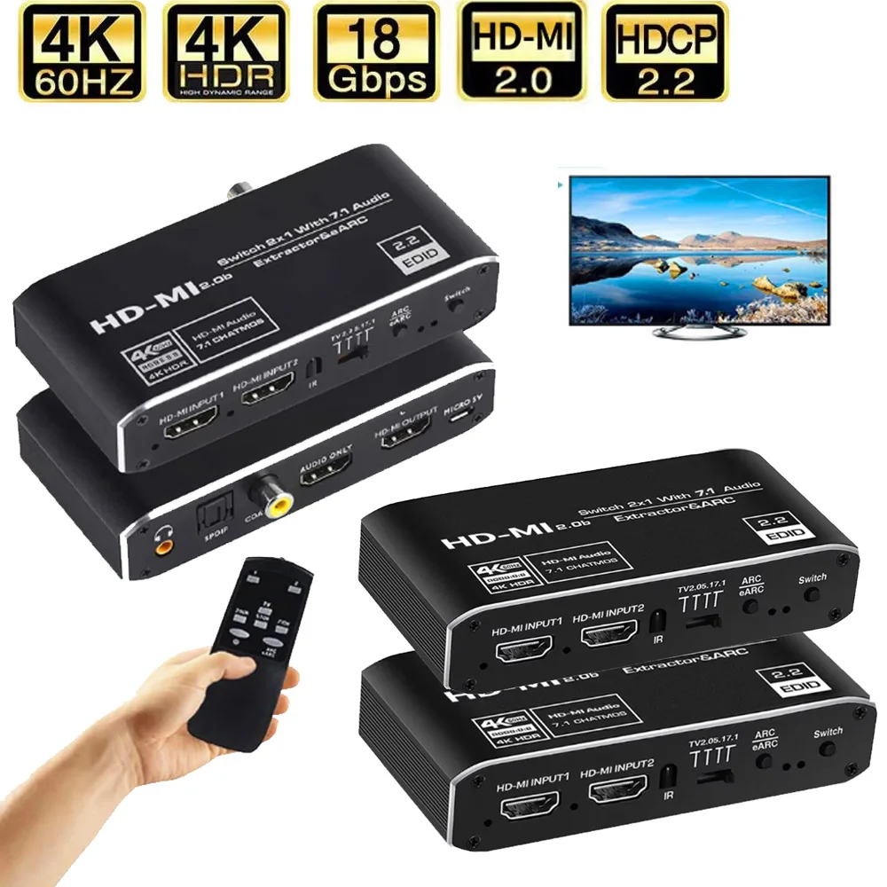 2x1 4K 60Hz HDMI-compatibele schakelaar eARC Audio Extractor ARC Optische Toslink HDMI-compatibele 2.0 Switcher Remote voor Apple TV PS