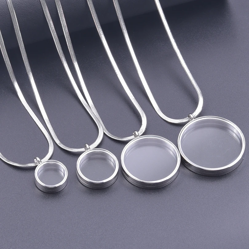 1Pc Inner Size 20-35mm Round Glass Coin Holder Floating Picture Locket Pendant Snake Chains Necklaces For Women Men Jewelry Bulk