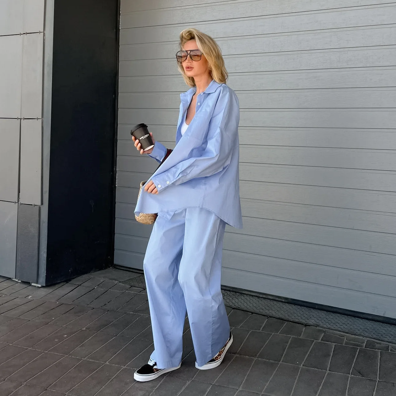 Casual Loose Oversized Two Piece Set for Women Elegant Trouser Suit Women with Pants Blue Wide Leg Pants Long Sleeve Shirts Set