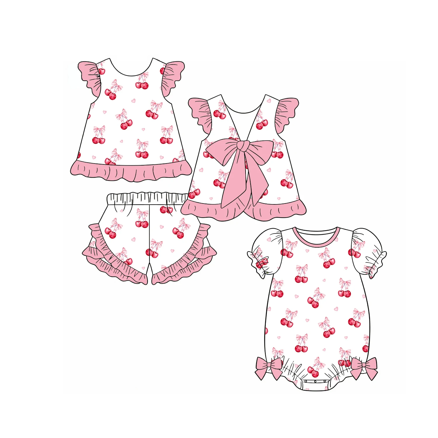 Cherry and Strawberry Print Ruffled Cuffs Large Bow At The Back Top and Shorts Girls Summer Boutique Set and Romper