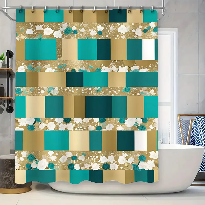 

Modern Bathroom Shower Curtain Set Geometric Design with Gold and Teal Blue Colors for Home Decor in Bathrooms