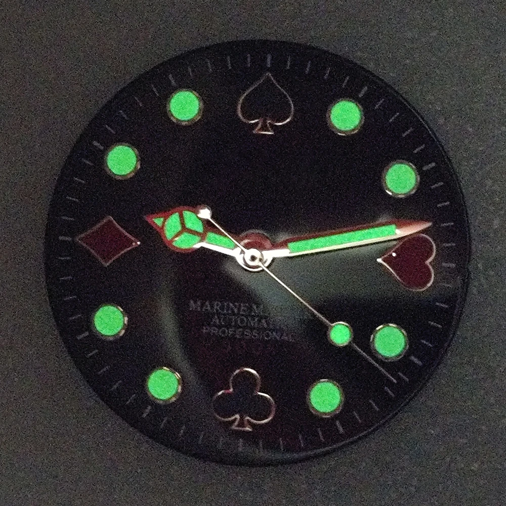 Quadrante per orologio NH35 da 28,5 mm quadrante per chiodo da poker quadrante luminoso verde adatto per accessori per orologi con movimento NH35 NH36