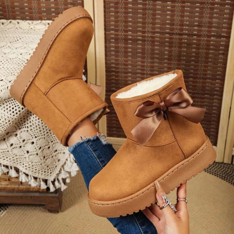 Fashion Bow Keep Warm Non Slip Slip on Platform Women's Snow Boots 2026 Winter New Trendy Lining Soft Comfort Casual Women Shoes