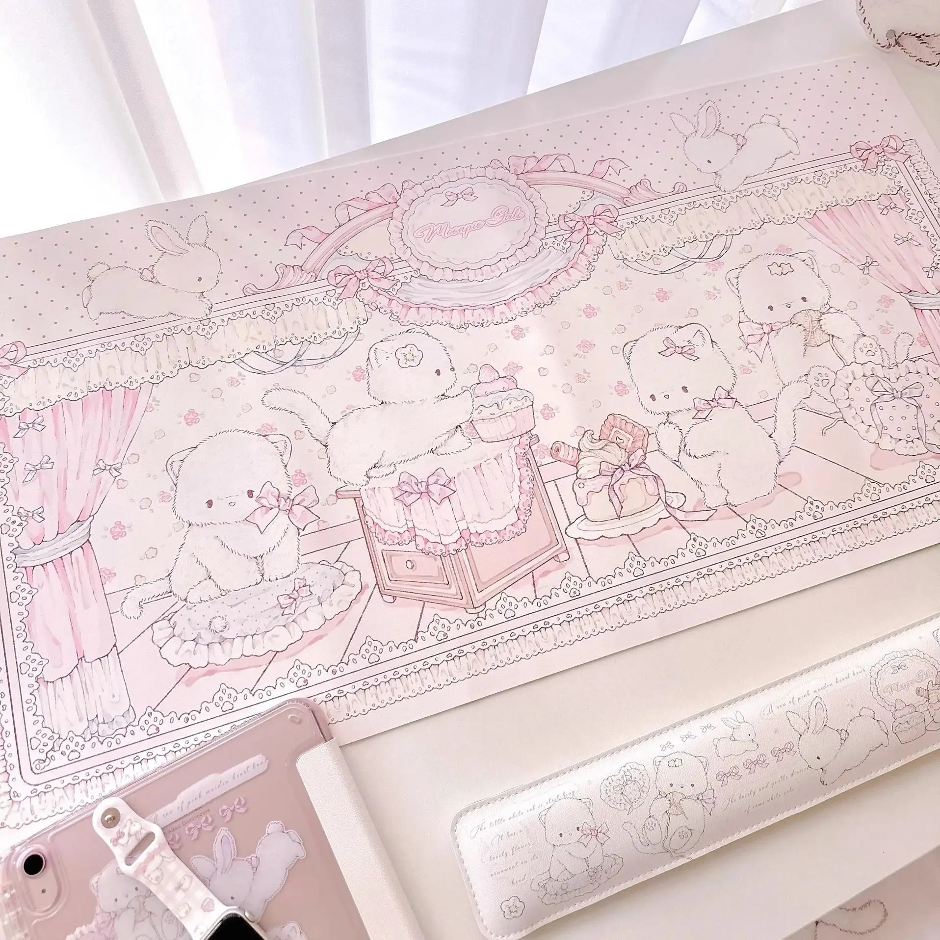 Kawaii Pink Cat Polka Dots Leather Desk Pad Mouse Protector Non-Slip Mouse Pad Home &Office Desk Mat PU Leather Laptop Desk Pad