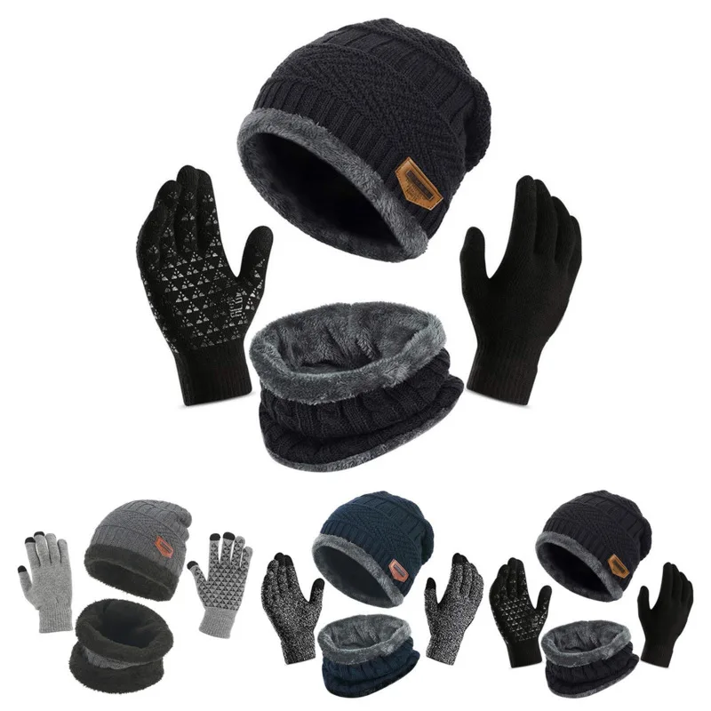 New 3pcs Men's Winter Scarf Gloves Hats Set High-quality Knitted Velvet Windproof Warm Comfortable Fashion Accessories