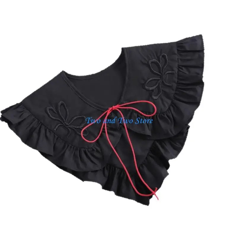 HX6F Ruffle Trim Detachable Collar Elegant Embroidery Bowknot Design Decorative Faux Collar for Daily and Cosplay Costume