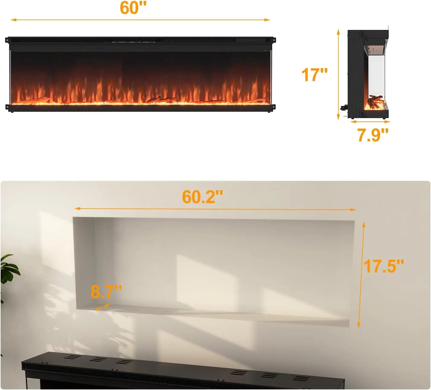 60 inch 3-Sided Wall Mount Electric Fireplace, Recessed & Built-in Design with Wi-Fi/Remote, 1500W Heater, 12 Flame Colors, ETL