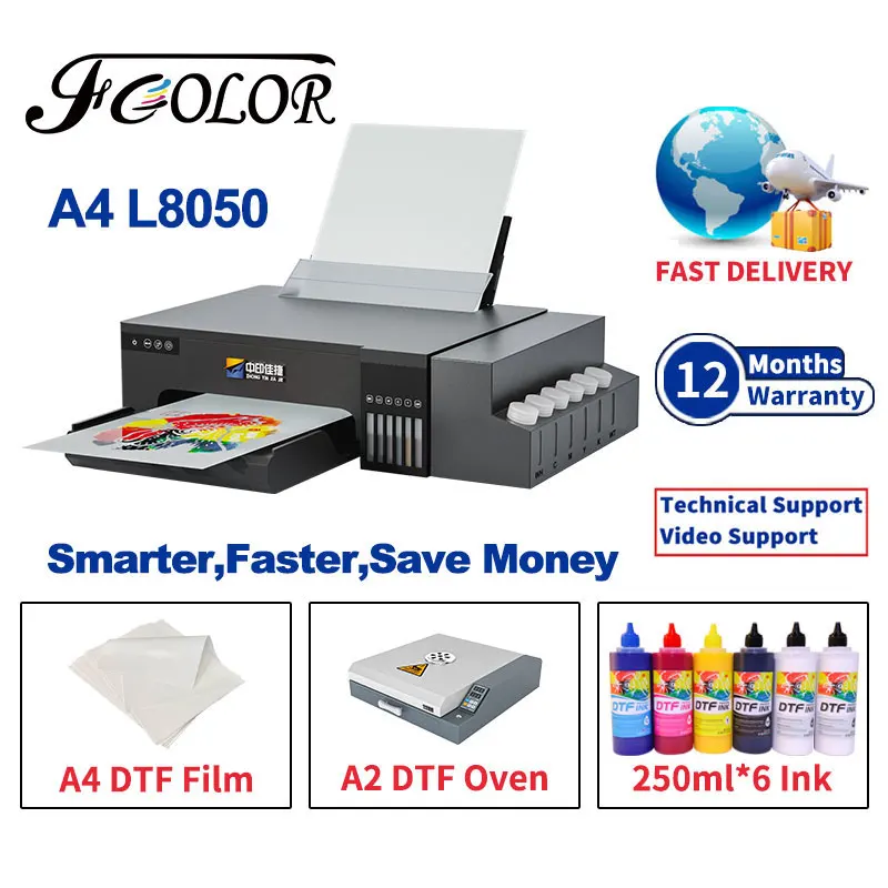 Fcolor 2024 Smart DTF Printer Easy to Use Epson L8050 Direct to Film A4 DTF Printer impresora dtf with Curing Oven on T-shirt