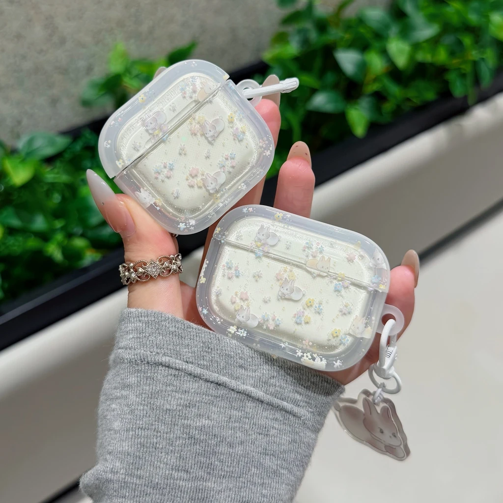 Koreanische Ins-Style-Blumen, niedlicher Hase mit Anhänger, stoßfeste Schutzhülle für AirPods 1 oder 2, 3, 4, 5, Pro 2, Pro 3.