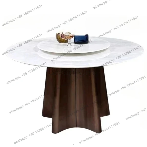 

Luxury stone dining table round household dining table Italian light natural marble high-end large round dining table