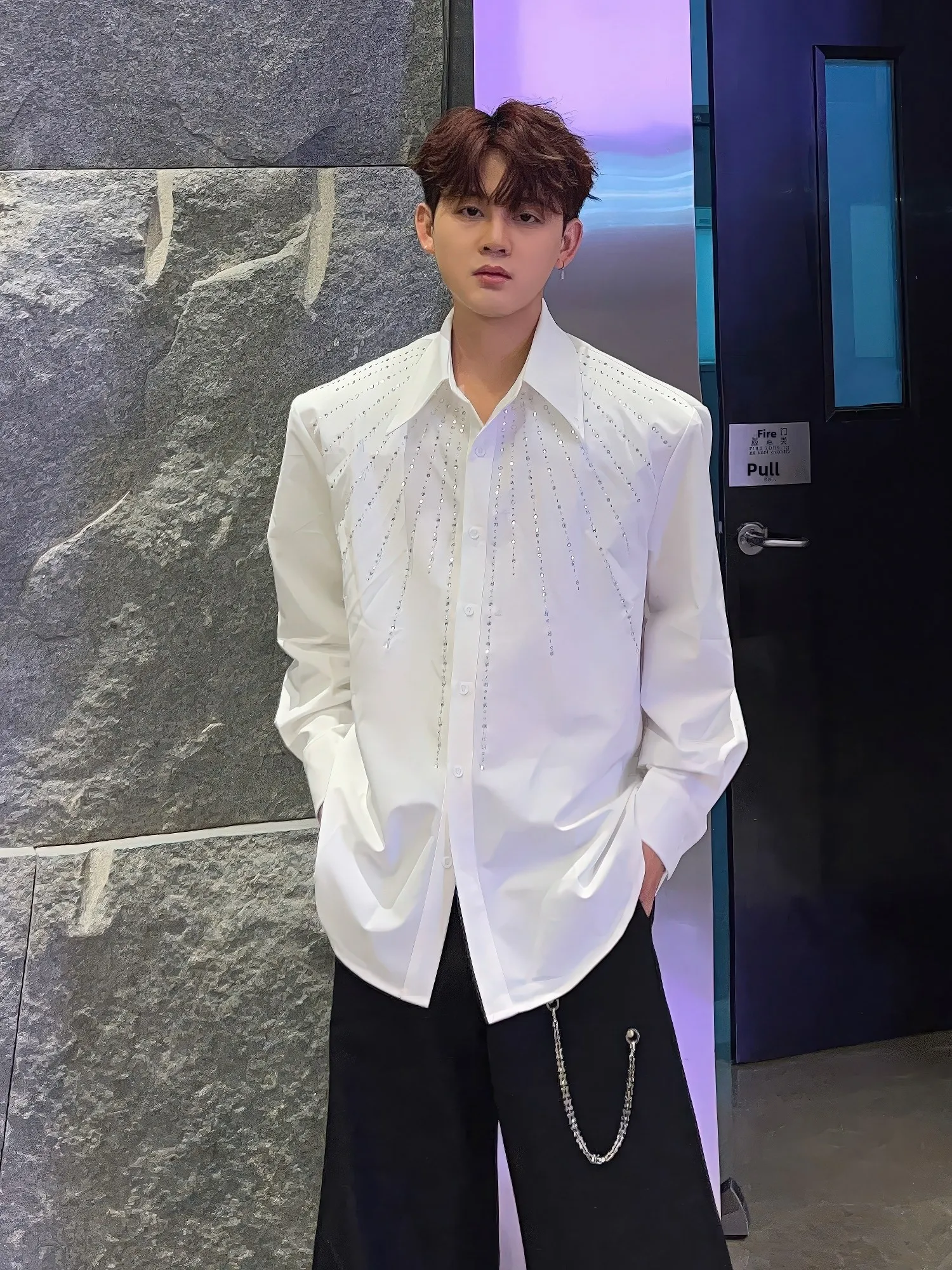 White Shoulder Pad Long Sleeve Shirt Men's High-End Design Trendy Match All Seasons Casual Style Polyester Fiber Non-Iron